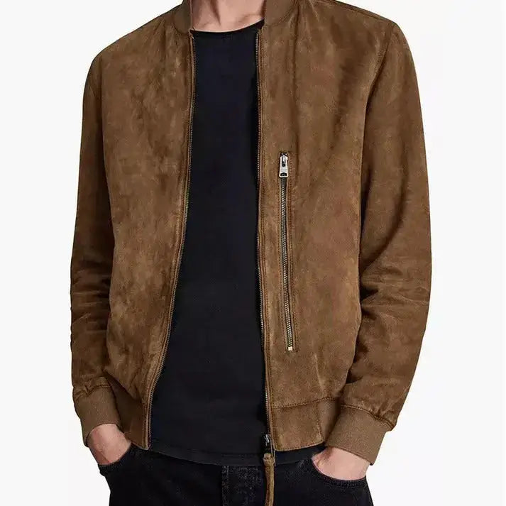 Men’s Brown Suede Real Leather Bomber Jacket-1
