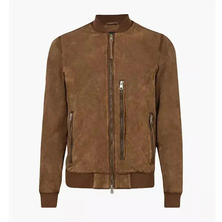 Men’s Brown Suede Real Leather Bomber Jacket-0