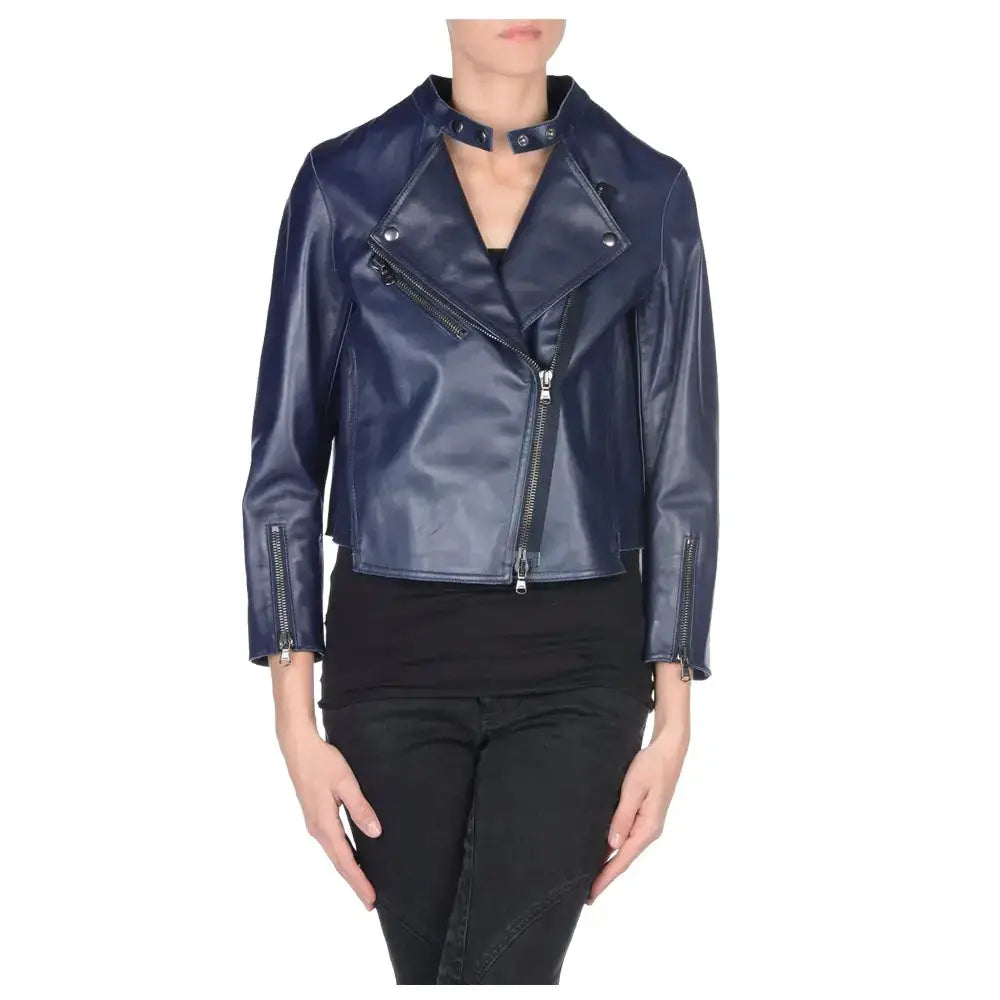 Women's Navy Blue Leather Biker Jacket-0