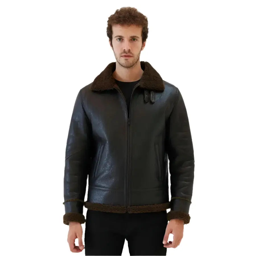 Premium Mens Dark Brown Shearling Aviator Jacket-0